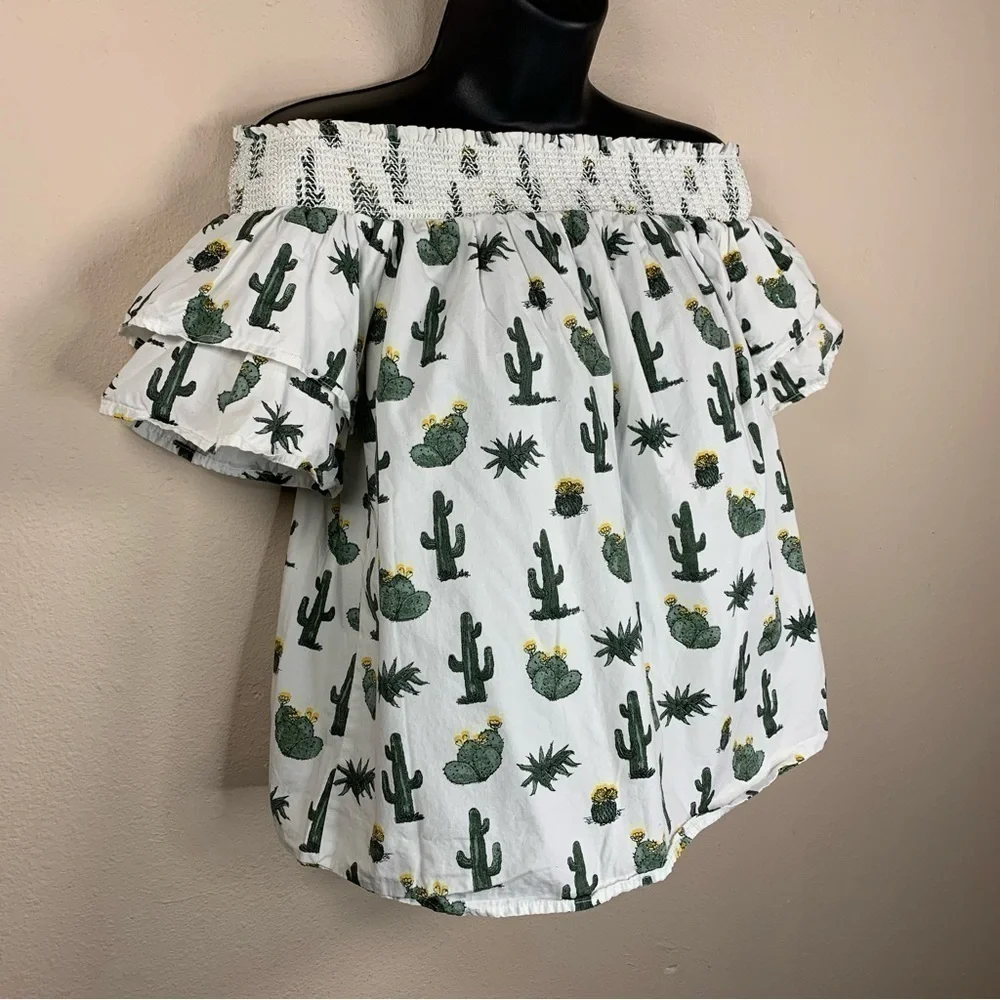 Cactus Print Ruffle Short Sleeve Off Shoulder Top Medium Blue Rain Western